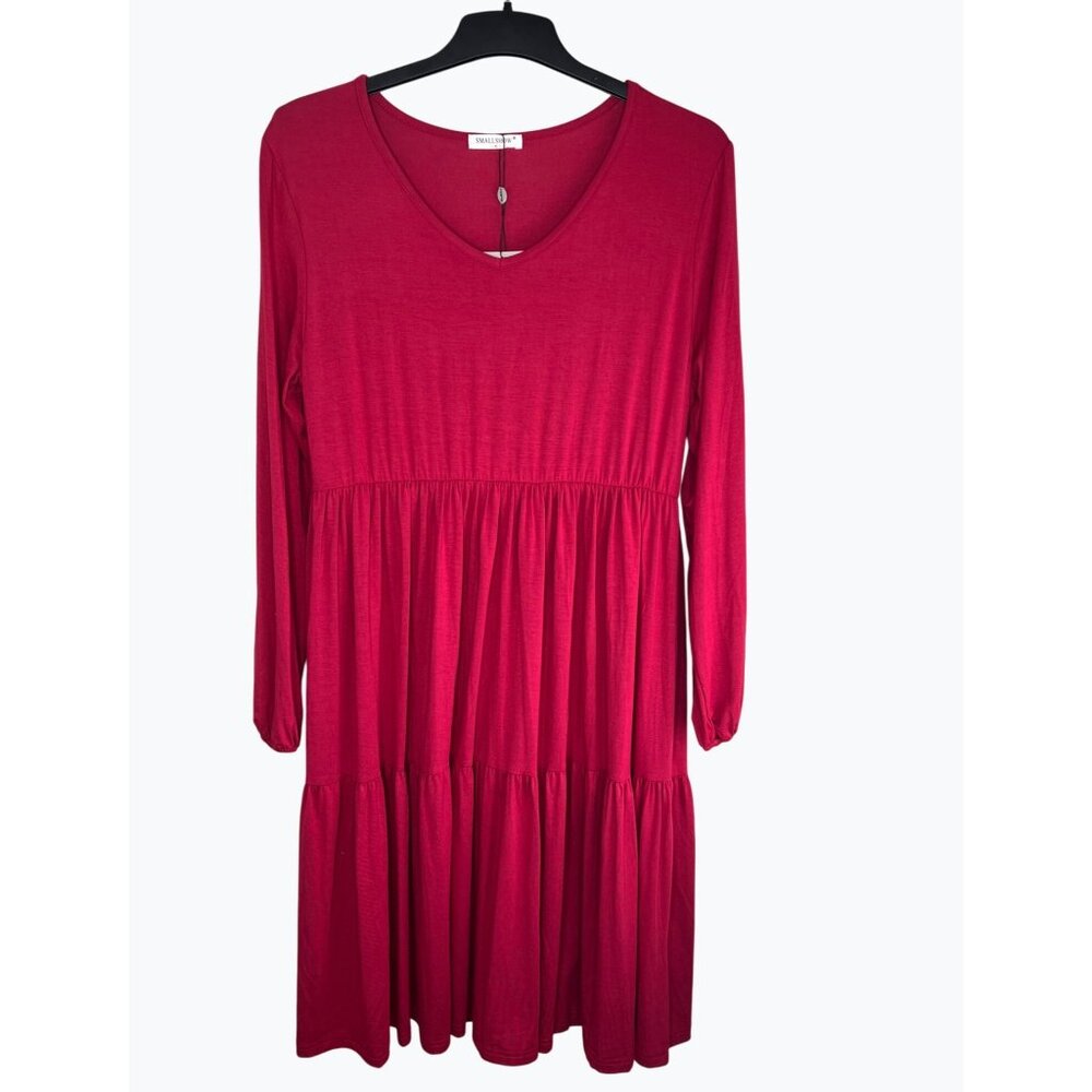 Smallshow Red Rayon & Spandex Long Sleeve V-Neck Tiered Maternity Dress - Picture 8 of 14